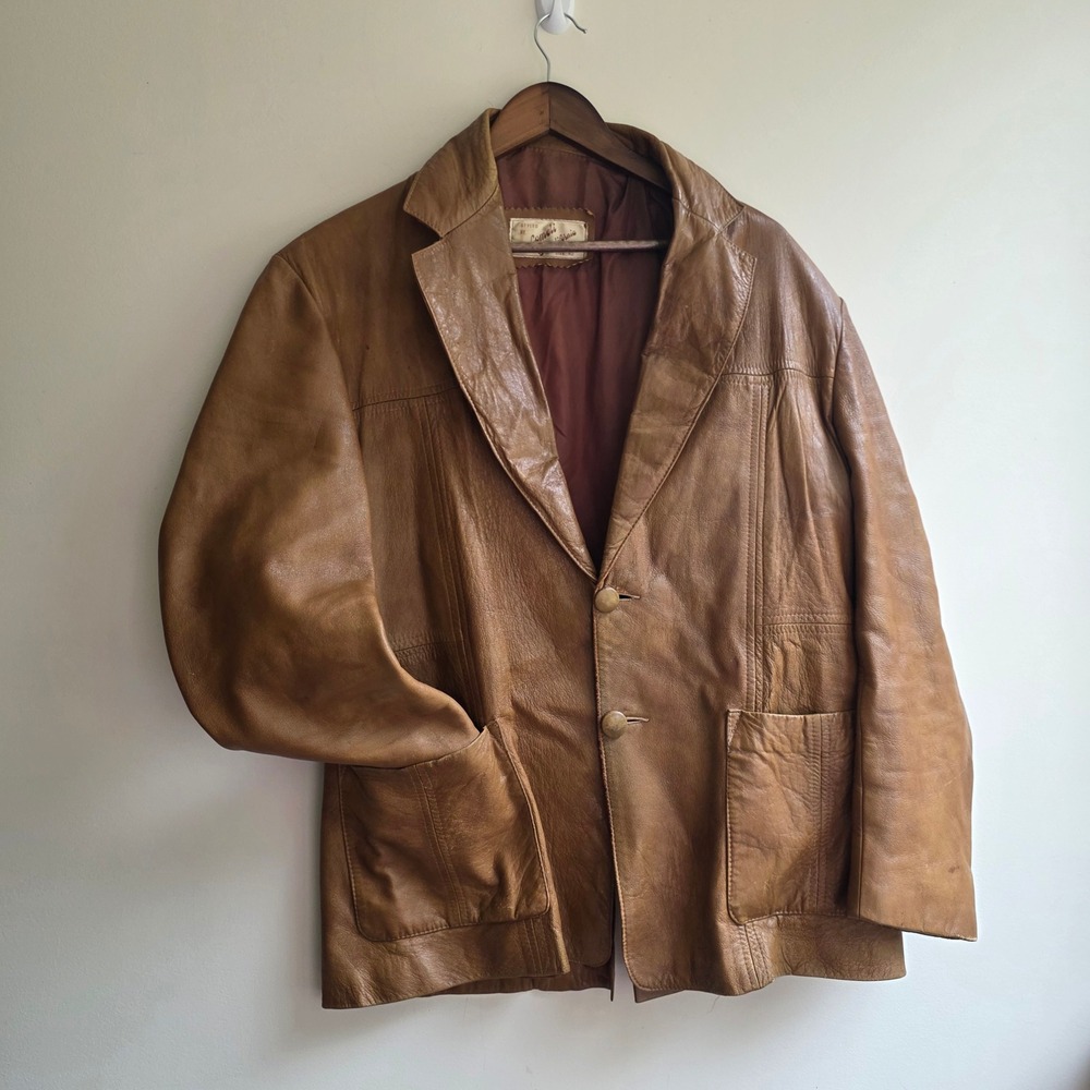Vintage 70s Lomeli of California Tan Leather Blazer Jacket Disco Mens 42 Large